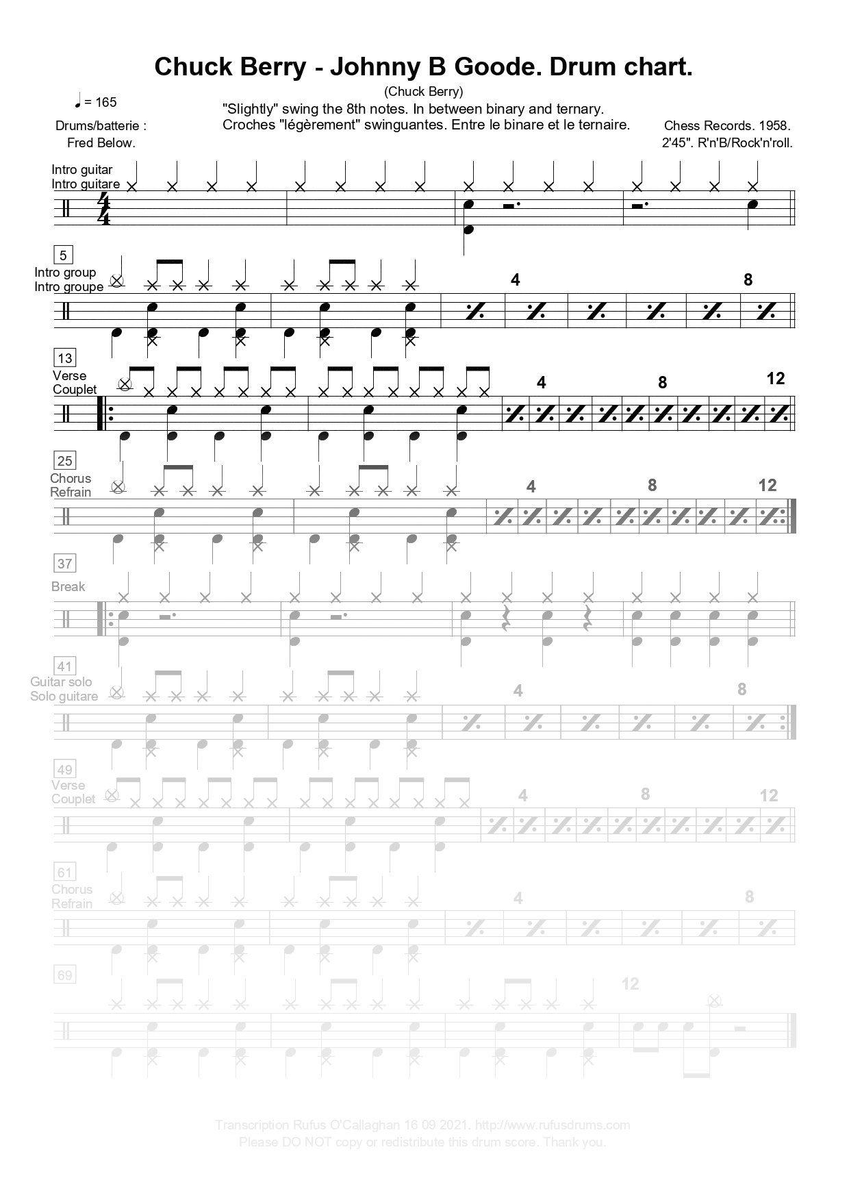 Chuck Berry - Johnny B Goode. Drum chart