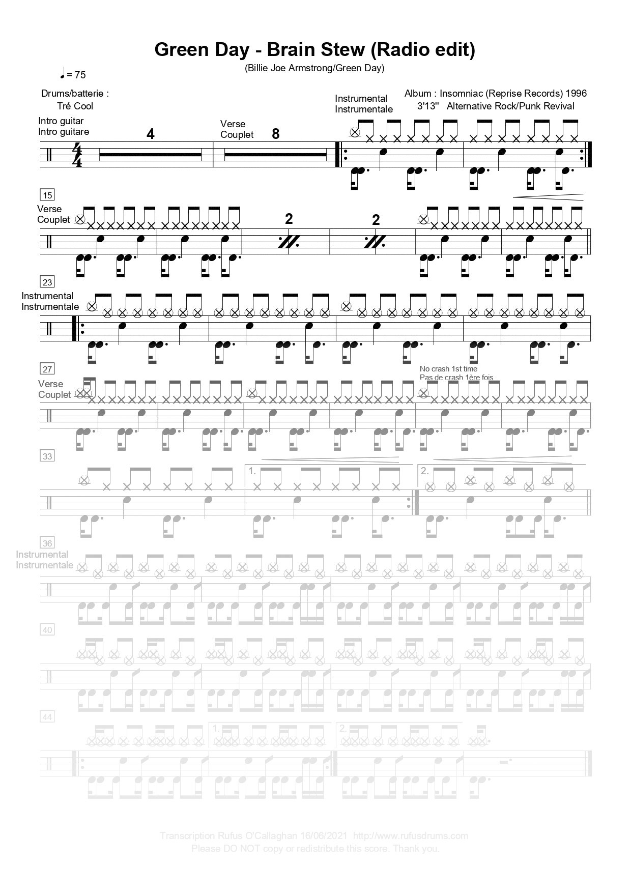 Partition de batterie - Green Day - Brain Stew