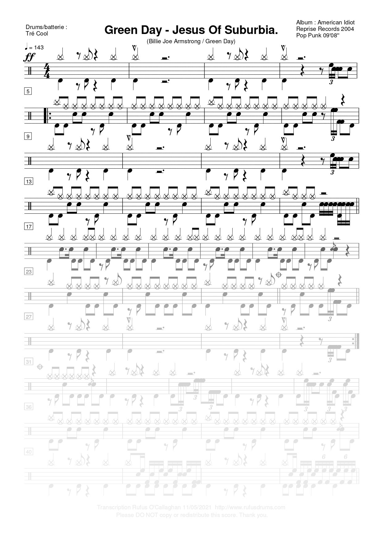 Partition de batterie - Green Day - Jesus Of Suburbia