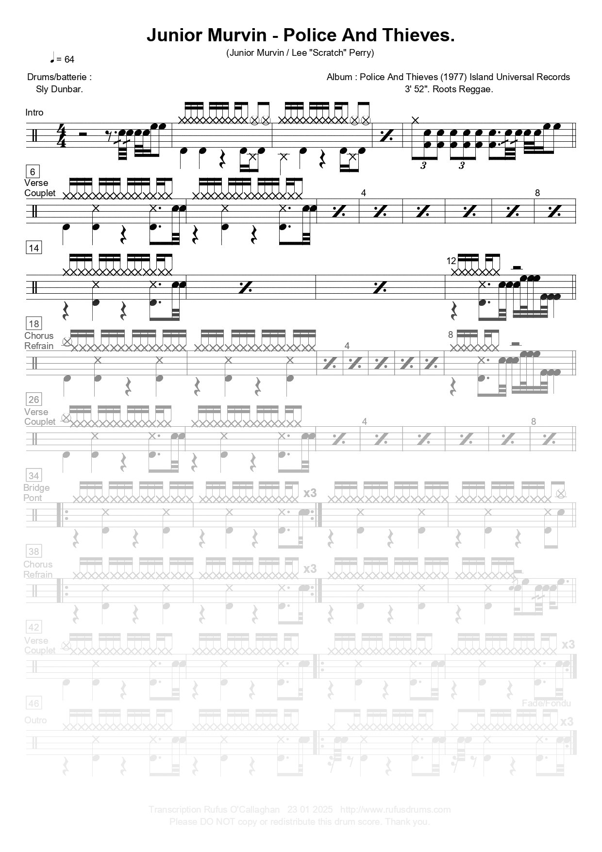 Partition de batterie - Junior Murvin - Police And Thieves