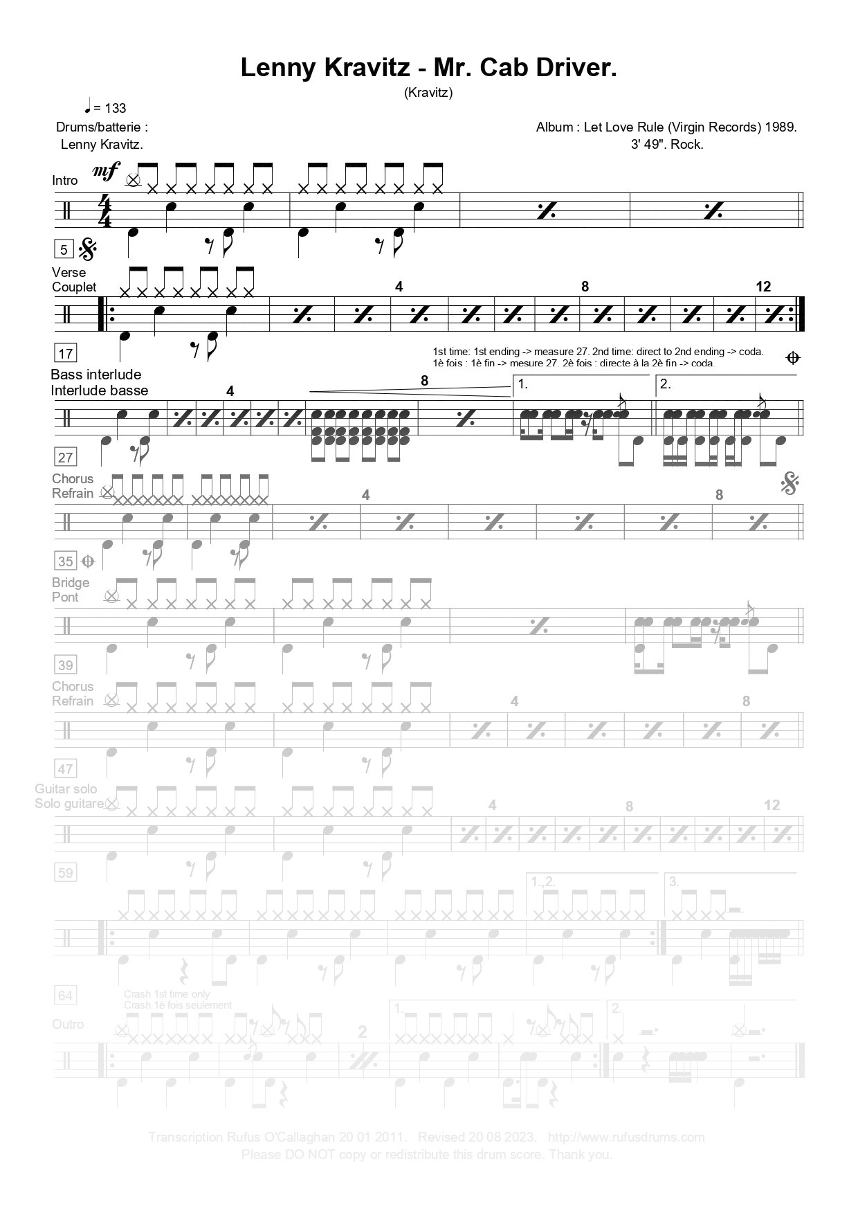 Partition de batterie - Lenny Kravitz - Mr Cab Driver