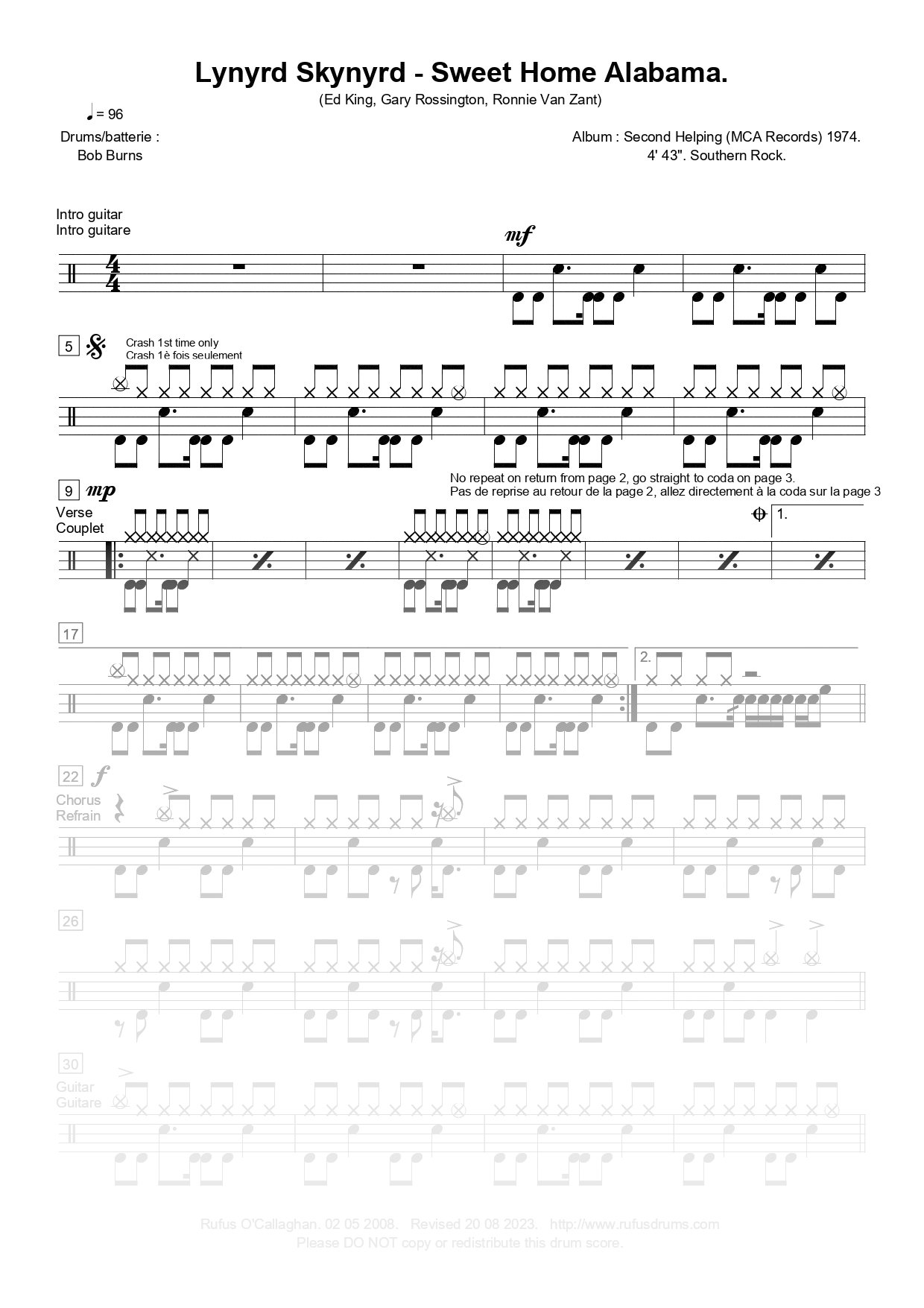 Partition de batterie - Lynyrd Skynyrd - Sweet Home Alabama