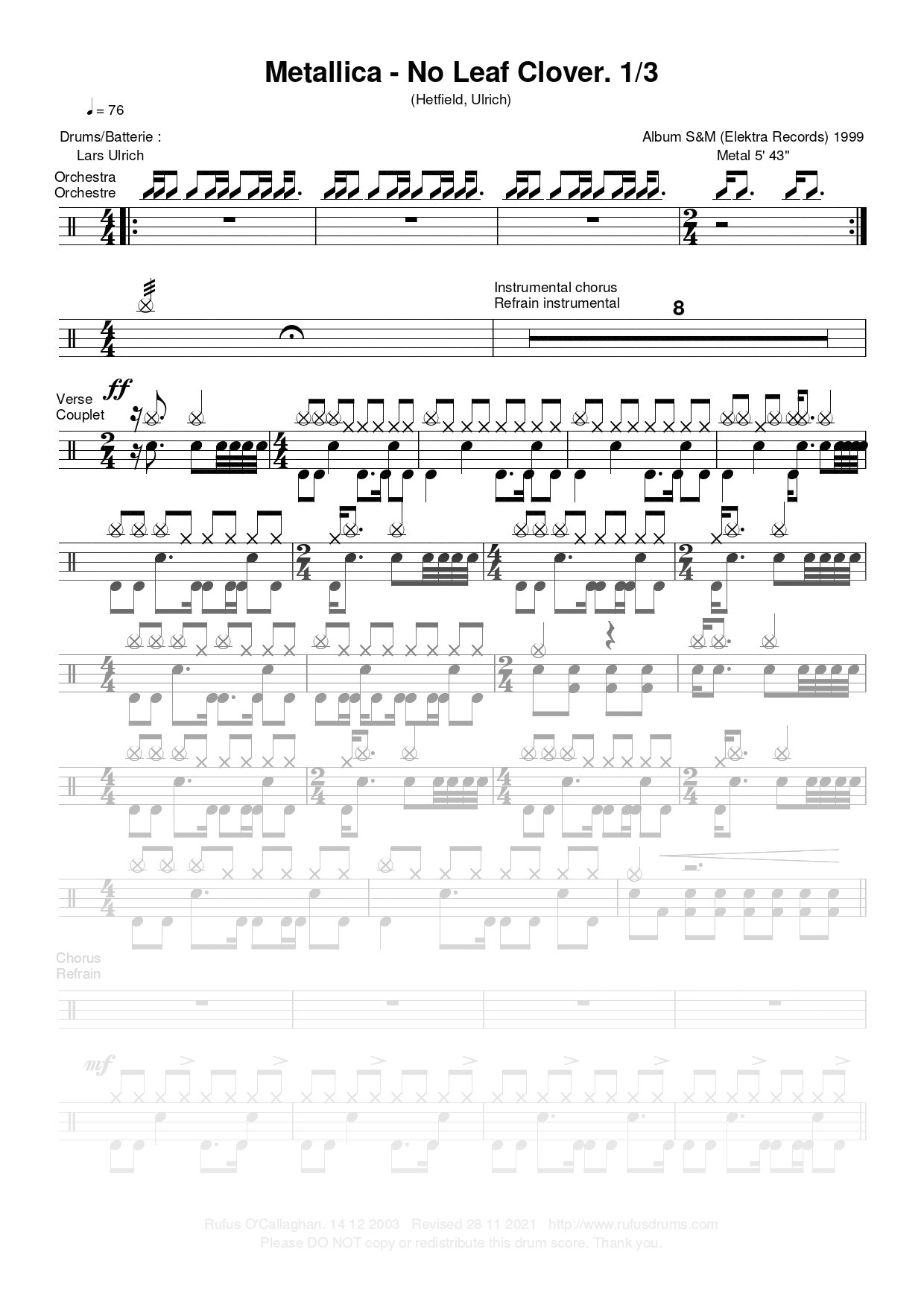 Partition de batterie - Metallica - No Leaf Clover