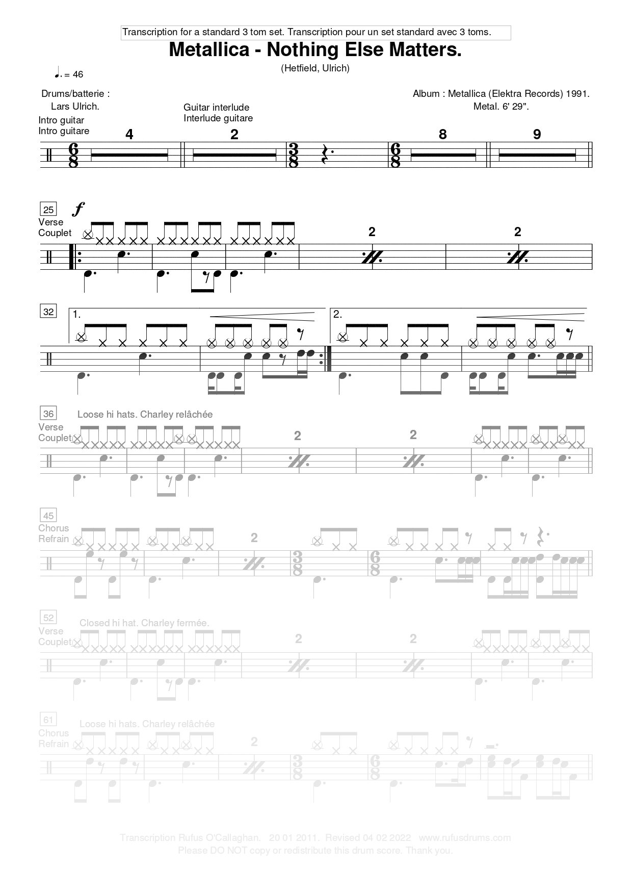 Partition de batterie - Metallica - Nothing Else Matters