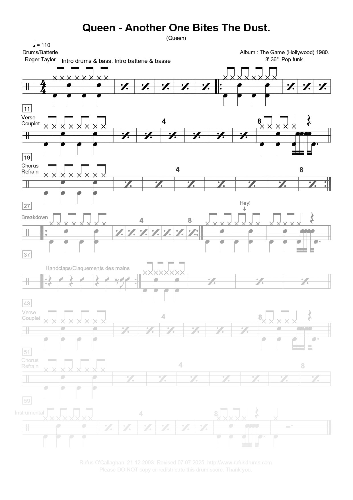 Partition de batterie - Queen - Another One Bites The Dust