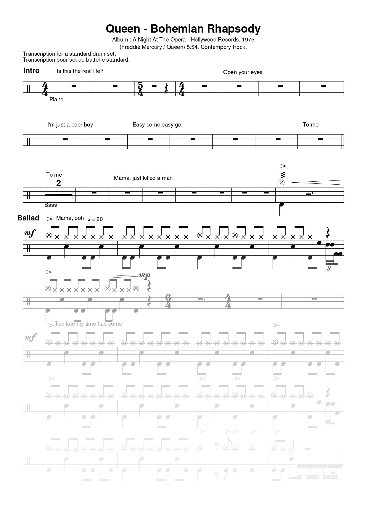 Partition de batterie - Queen - Bohemian Rhapsody