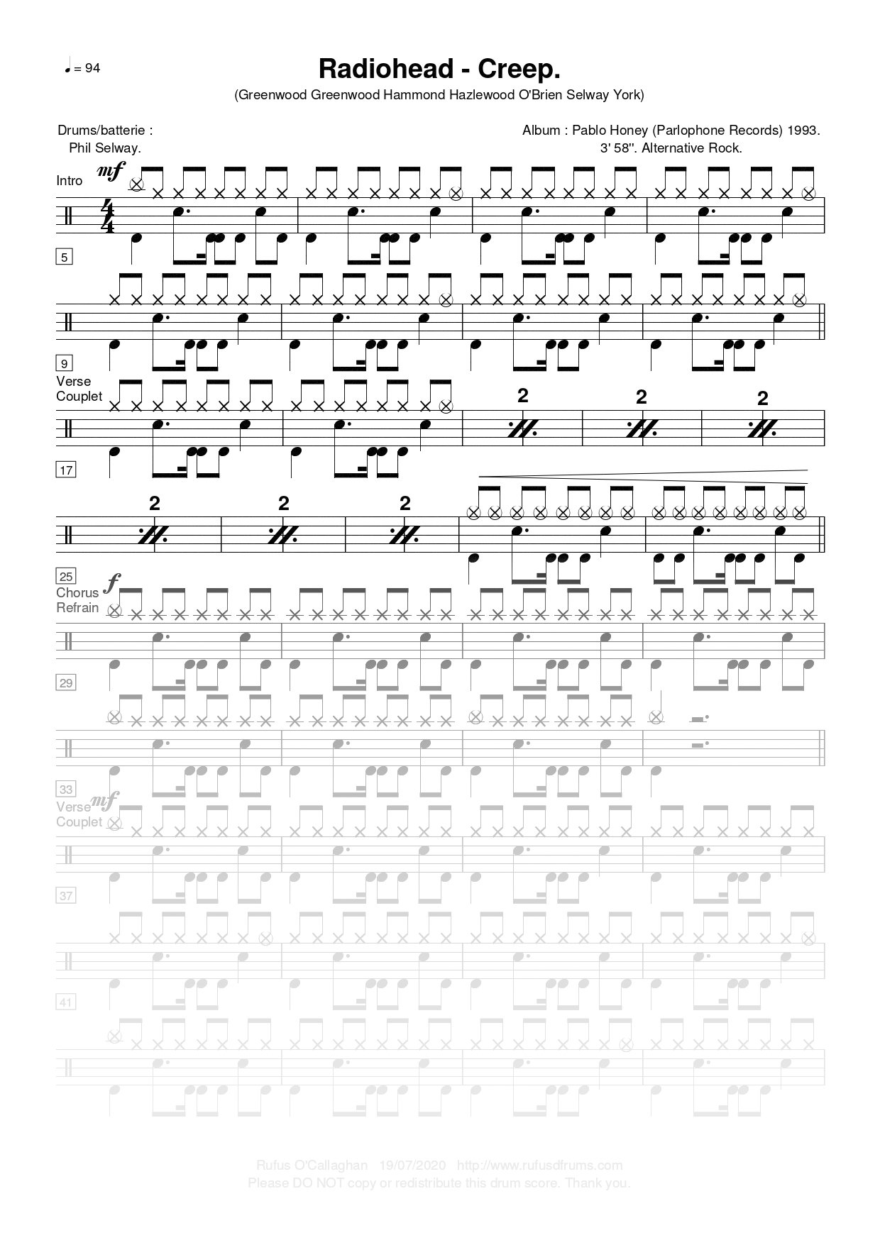 Partition de batterie - Radiohead - Creep