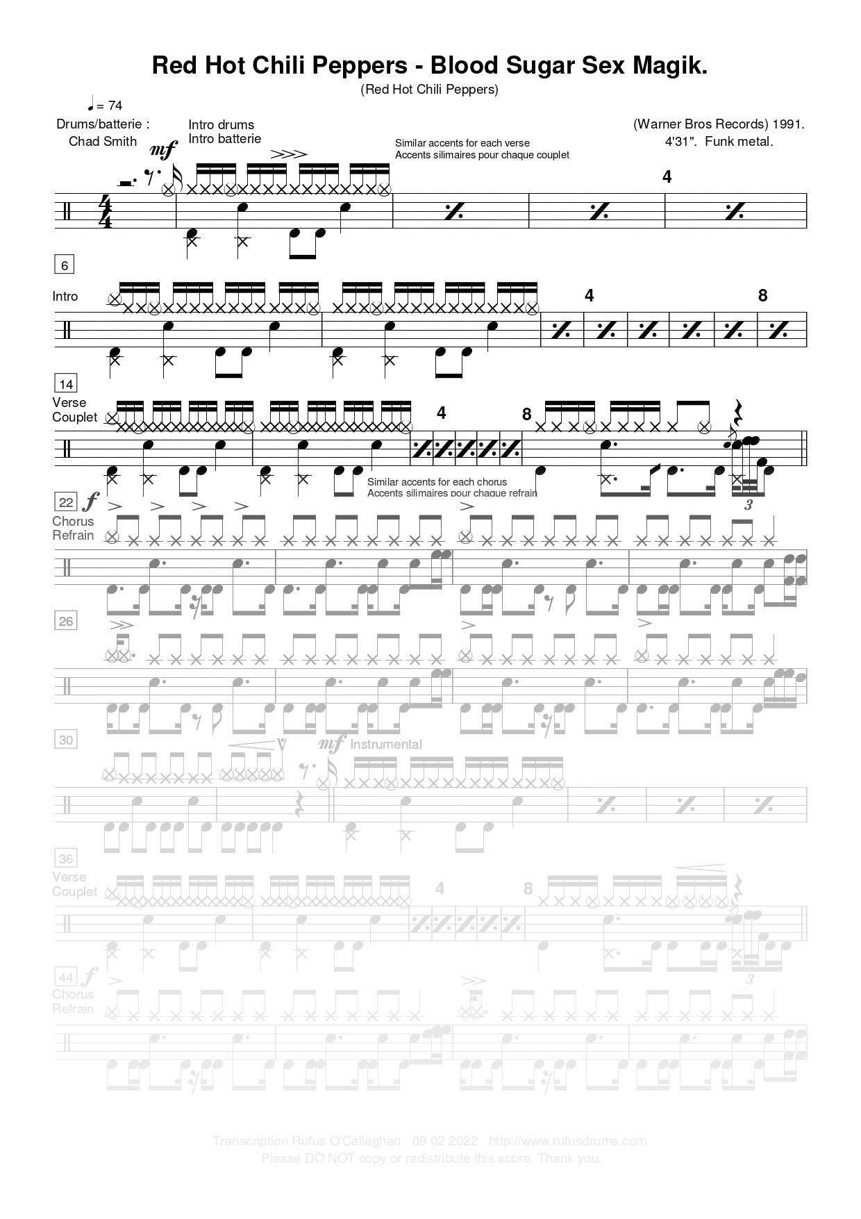 Partition de batterie - Red Hot Chili Peppers - Blood Sugar Sex Magik