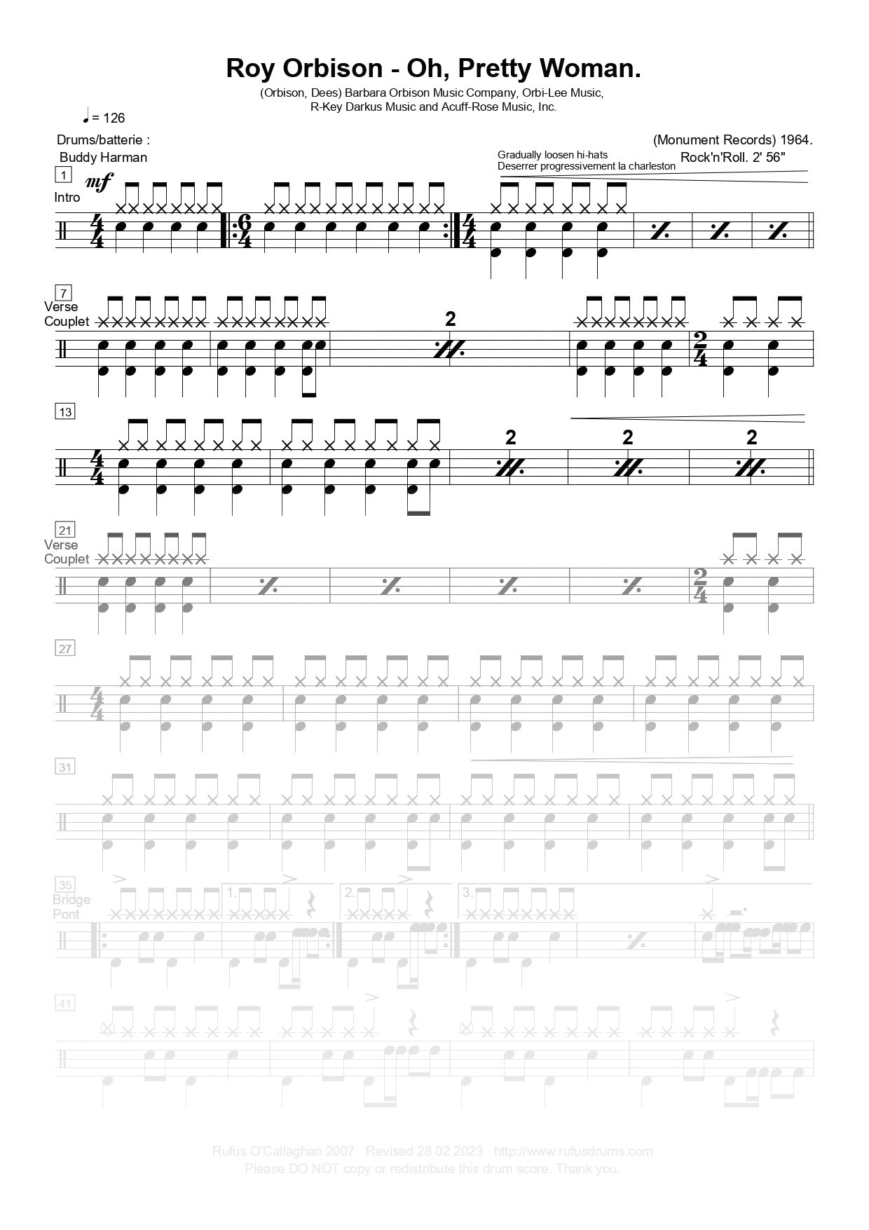 Partition de batterie - Roy Orbison - Oh, Pretty Woman