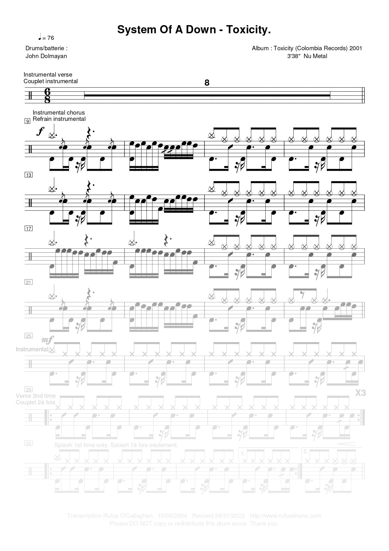 Partition de batterie - System Of A Down - Toxicity